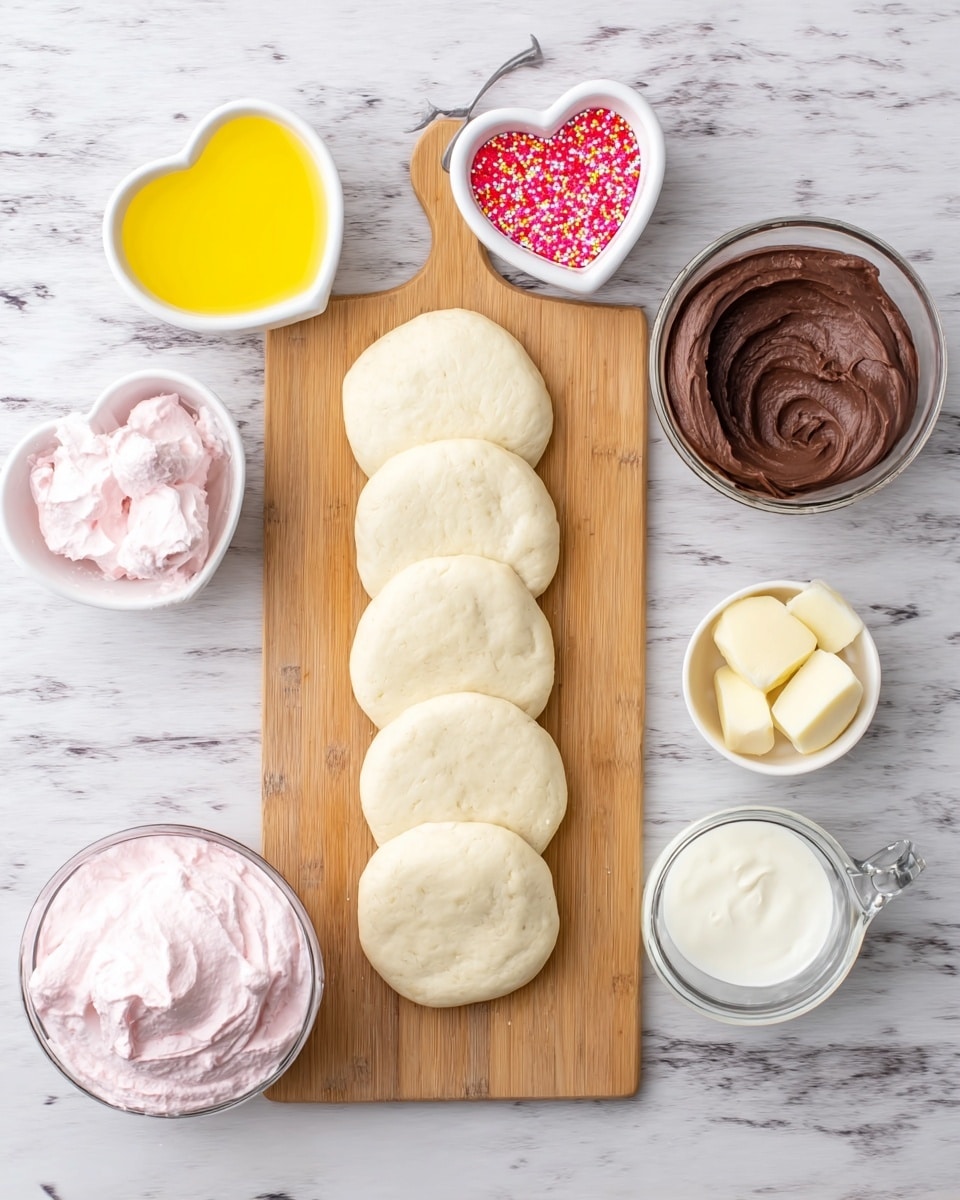 The image shows a wooden cutting board placed on a white marbled surface, with two neat rows of seven thick, round white dough discs arranged side by side. To the top left of the board, there are three small white bowls: one contains bright yellow melted butter, another heart-shaped bowl is filled with red and pink small sprinkles, and the third bowl has a large amount of smooth, dark brown chocolate frosting. At the bottom left, there is a bowl filled with fluffy, light pink frosting, and to the bottom right, a clear small pitcher holds pure white cream. The scene is brightly lit, clear, and organized. Woman's hand is not visible in the image. Photo taken with an iphone --ar 4:5 --v 7