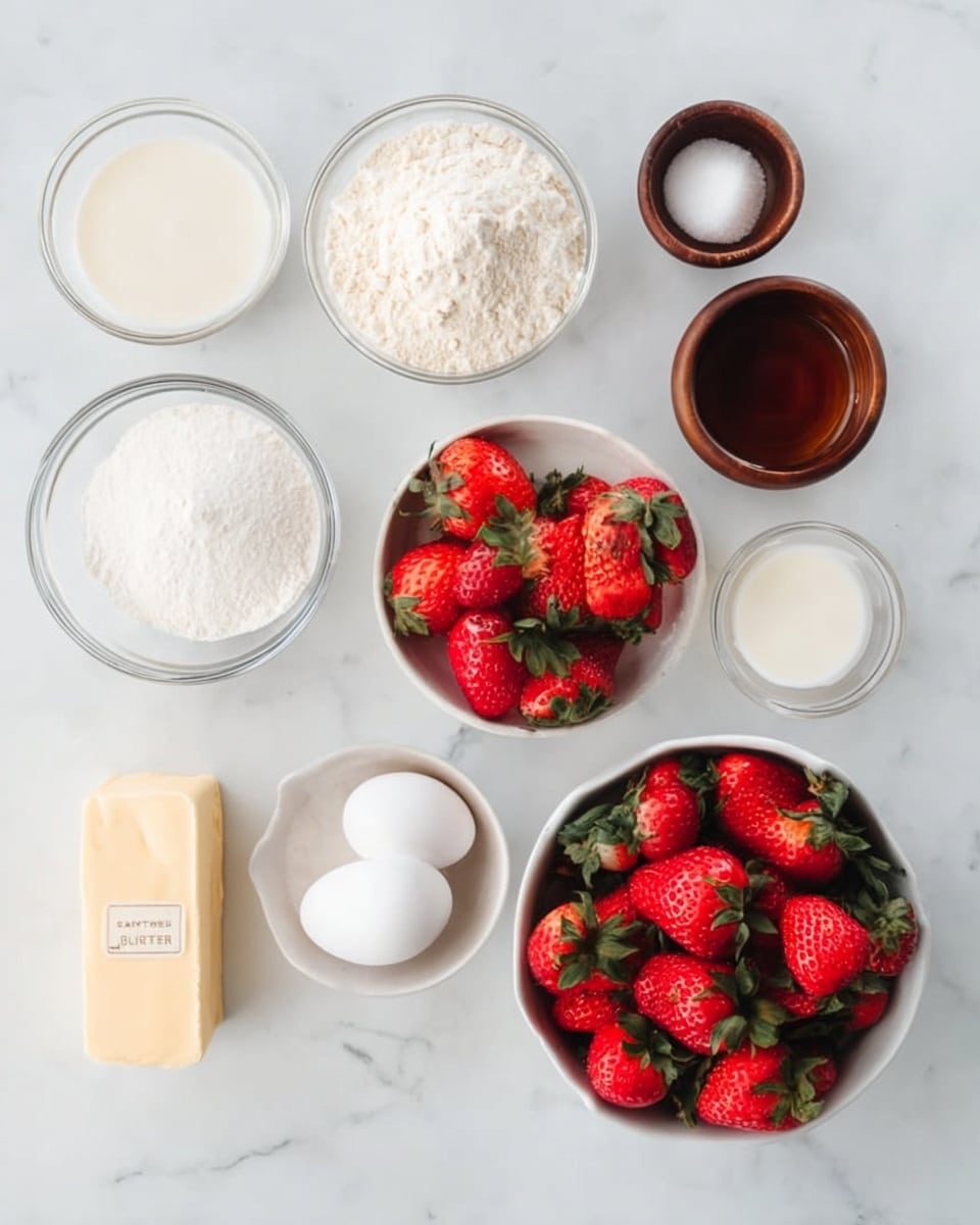 The image shows a white marbled surface with several bowls and ingredients neatly arranged. In the center is a white bowl full of bright red strawberries with green leaves. Surrounding it are clear glass bowls containing white flour, cream, powdered sugar, vanilla extract, and milk. Two brown wooden small bowls hold salt and another white ingredient. At the bottom are two white eggs and a stick of butter with the word