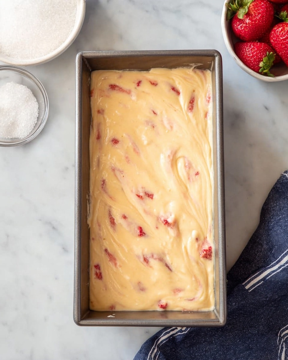 A rectangular metal baking pan filled with a creamy, pale yellow batter that has small red bits spread evenly throughout. The batter is smooth but displays gentle swirls and waves on the surface, indicating it was recently spread. The pan rests on a white marbled surface with a small glass bowl of granulated sugar and a white bowl with whole strawberries nearby. A dark blue and white striped cloth is placed to the right side of the pan. photo taken with an iphone --ar 4:5 --v 7