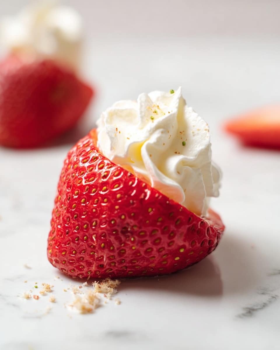A close-up of one half of a bright red strawberry with small green seeds on its surface, topped with a swirl of soft white whipped cream that has a smooth and fluffy texture, with small crumbs sprinkled lightly on and around the strawberry, all placed on a white marbled surface. In the background, softly blurred, is another strawberry with whipped cream on top. Photo taken with an iphone --ar 4:5 --v 7