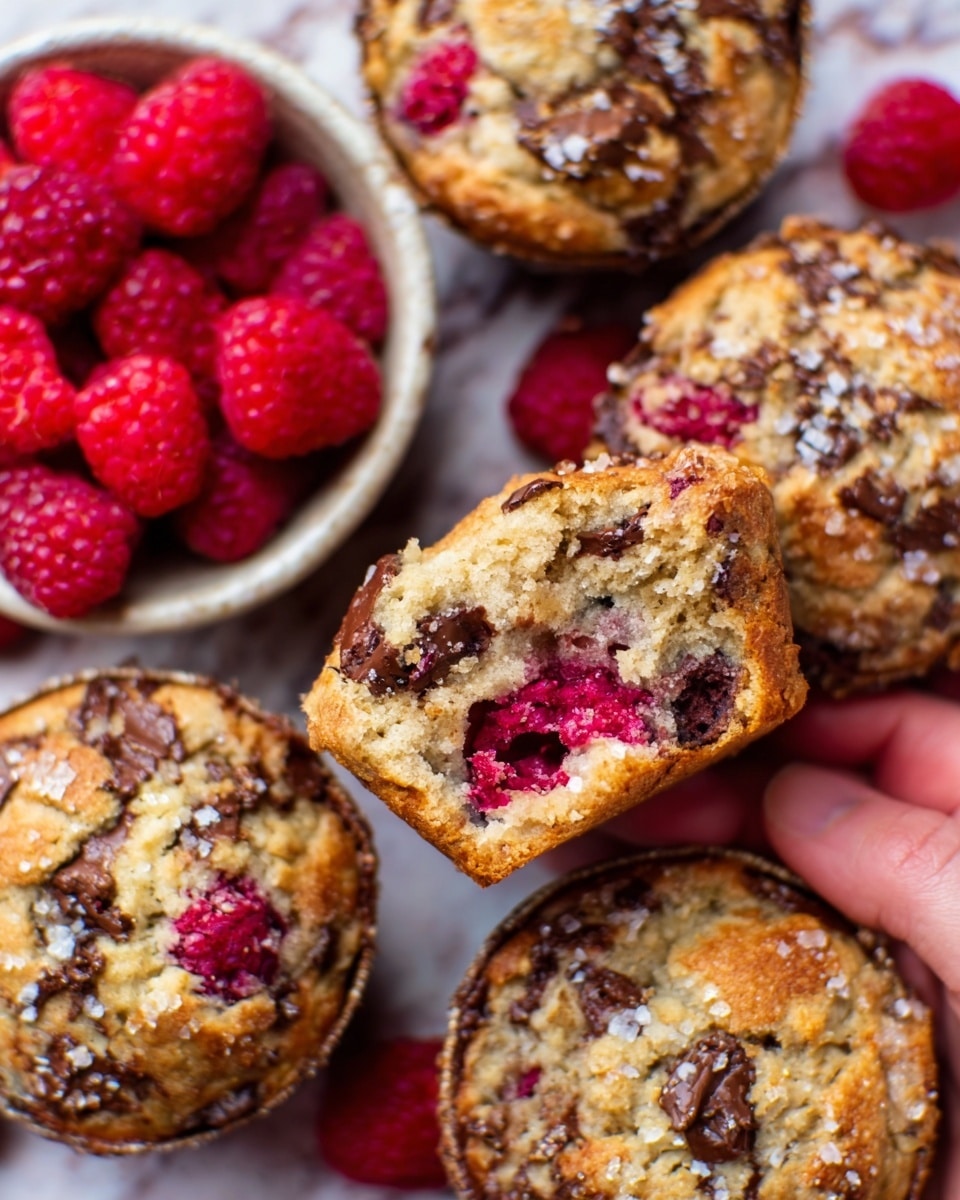 The image shows several muffins with rough, golden-brown tops sprinkled with sugar crystals and bits of melted chocolate. The muffins have a moist inside with visible red raspberries baked into the dough, creating vibrant red spots in the light beige crumb. One muffin is held by a woman's hand, showing its texture and the raspberries inside. Around the muffins, there are white small bowls filled with fresh bright red raspberries. The surface beneath everything is a white marbled texture, giving the scene a clean and bright look. photo taken with an iphone --ar 4:5 --v 7
