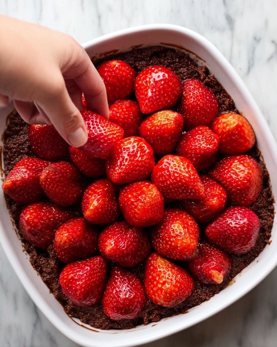 A white square dish filled with a dark brown chocolate base layer that has a rough and slightly shiny texture, topped with large bright red strawberries that are whole and cut in half, arranged closely together in a circular pattern covering the chocolate entirely; a woman's hand is placing one strawberry at the top center, and the dish is sitting on a white marbled surface. photo taken with an iphone --ar 4:5 --v 7