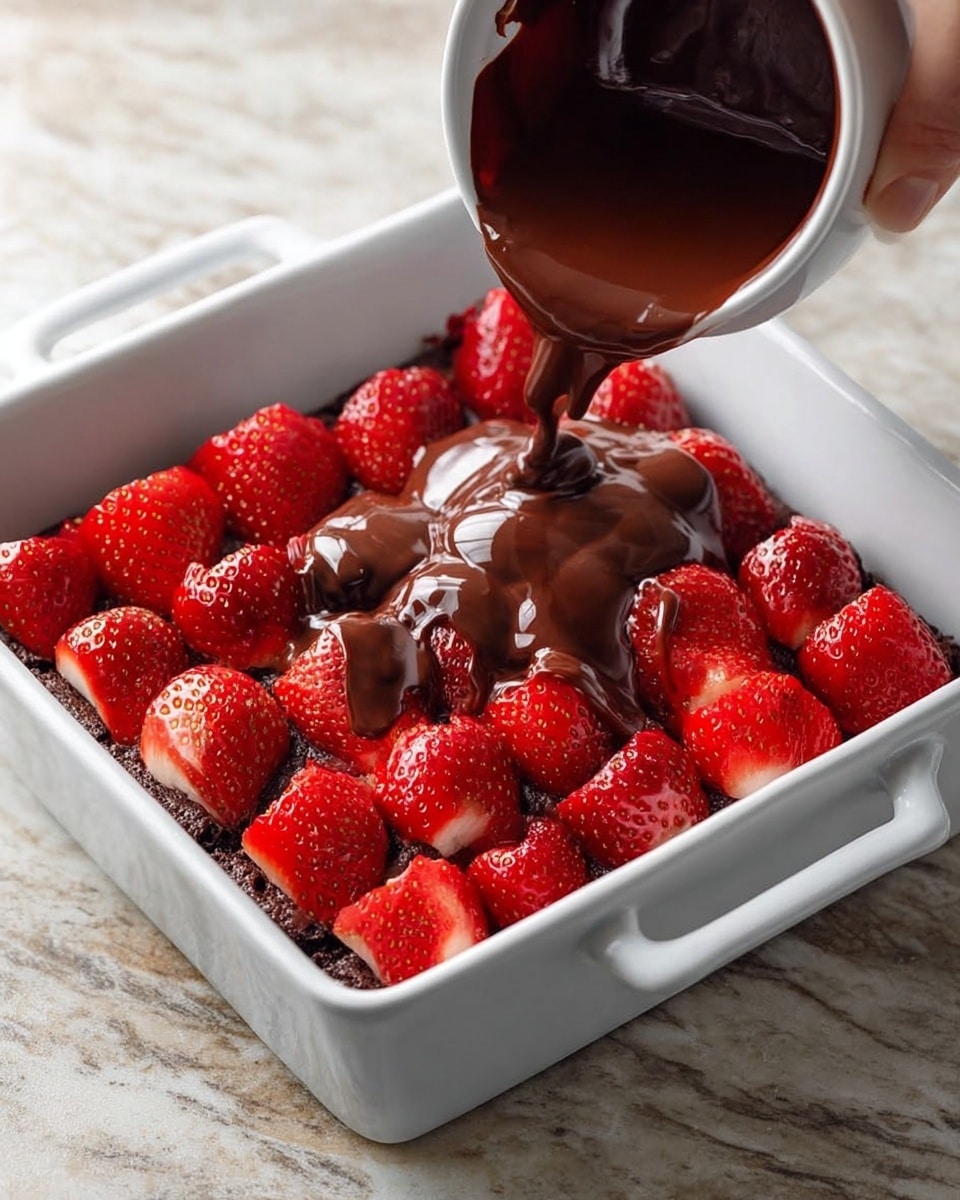 A white square baking dish filled with a bottom layer of dark brown cake, topped with a layer of bright red halved strawberries neatly arranged in rows, and a woman's hand pouring thick, glossy dark chocolate sauce over the strawberries from a white cup, the chocolate creating smooth ribbons over the fruit. The dish sits on a white marbled textured surface. photo taken with an iphone --ar 4:5 --v 7