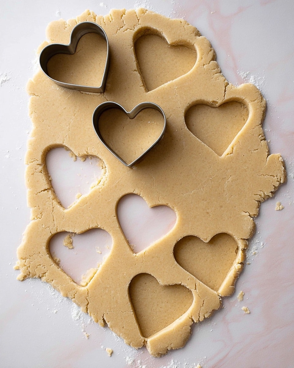 A light tan dough sheet is rolled thin on a white marbled surface, with seven heart shapes cut out and five heart cookies already separated from the dough. Two silver heart-shaped cookie cutters are placed on top of the dough, one near the top center and the other near the bottom left. The dough edges are rough and uneven, showing natural texture and some small cracks. The lighting highlights the smooth, slightly grainy surface of the raw cookie dough. photo taken with an iphone --ar 4:5 --v 7