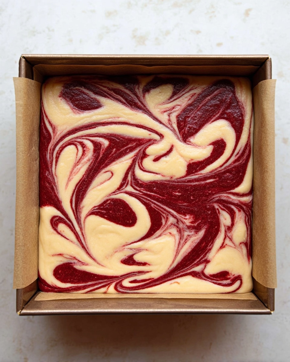 The image shows a square baking pan lined with parchment paper filled with batter. The batter has two colors swirled together on top: a creamy light beige and a deep red, forming a marbled pattern with smooth, flowing curves and loops. The pan sits on a white marbled surface. The red swirls create a decorative contrast against the light background layer, and the texture looks soft and smooth. photo taken with an iphone --ar 4:5 --v 7