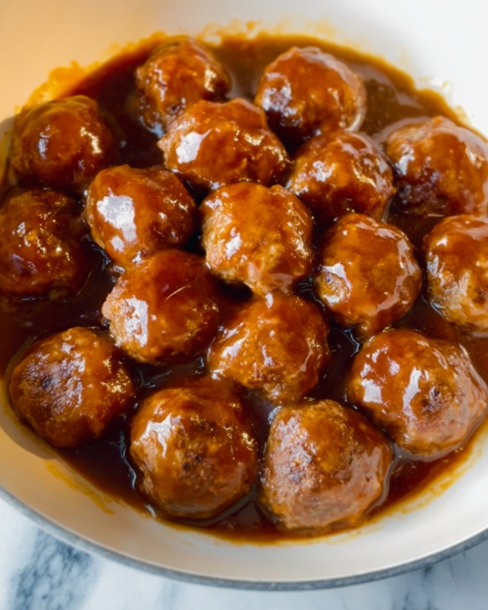 A white ceramic dish filled with evenly sized meatballs covered in a thick, shiny brown sauce. The meatballs have a smooth texture with a slight shine from the sauce that pools around them, creating a rich and glossy appearance. The dish sits on a white marbled surface, enhancing the warm tones of the meat and sauce. Photo taken with an iphone --ar 4:5 --v 7