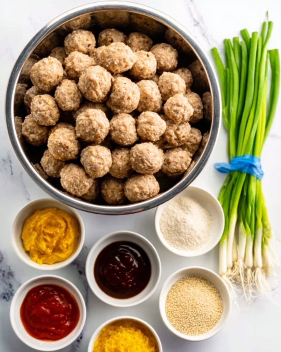 The image shows a large silver bowl filled with many round beige-colored meatballs arranged tightly inside, creating a dense, textured surface. Surrounding the bowl on a white marbled surface are six small white bowls, each holding different colorful sauces and ingredients: a bright yellow chunky sauce, a rich red smooth sauce, a dark brown thin sauce, a bowl with pale yellow powder, one with white seeds or grains, and another with a light brown coarse powder. To the right side is a bunch of fresh green scallions tied with a blue rubber band. The scene is clear, bright, and neatly organized, photo taken with an iphone --ar 4:5 --v 7