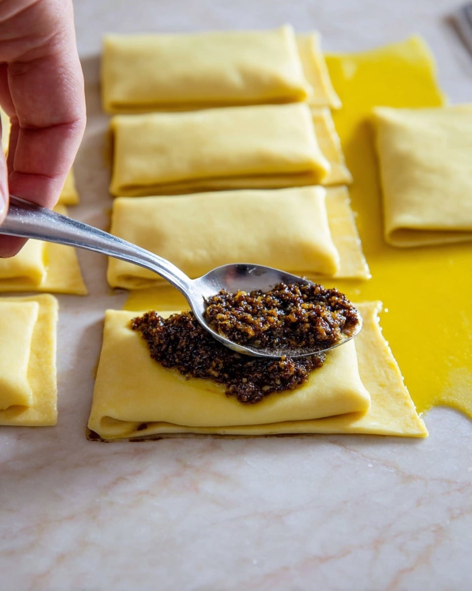 A close-up image shows a woman's hand holding a spoon and spreading a dark brown chunky filling on a square piece of light yellow dough. The dough is laid flat on a white marbled surface with a yellow sauce or liquid spread beneath the filling. Multiple square dough pieces with yellow sauce are arranged side by side on the surface. The texture of the dough looks smooth and soft, while the filling appears coarse. Photo taken with an iphone --ar 4:5 --v 7