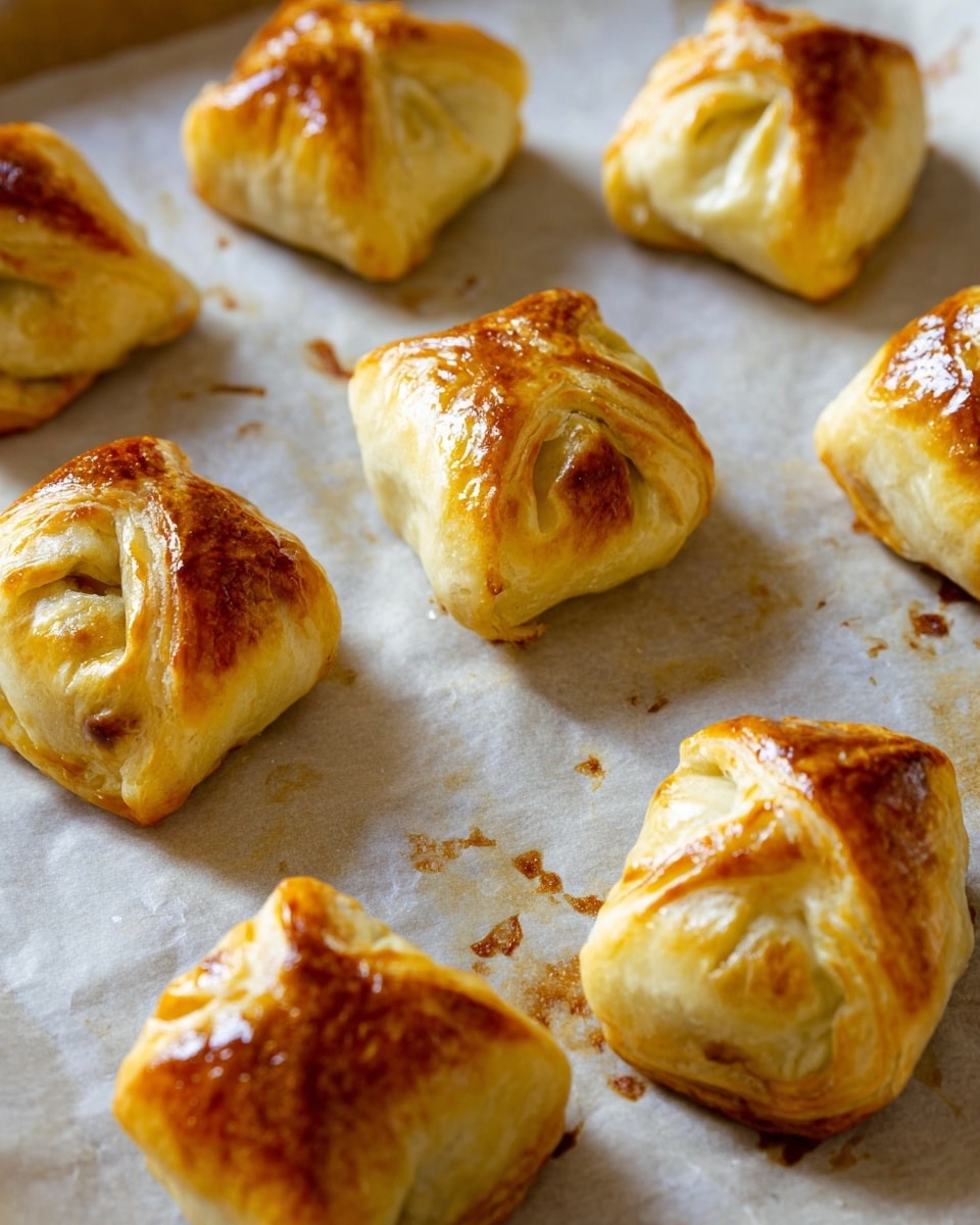 The image shows several small puff pastries shaped like little bundles, each folded from golden brown dough with shiny tops. They are placed in a scattered pattern on a sheet of parchment paper. The pastries have slightly different shapes but all have four folded corners meeting at the top center creating a triangular form. The dough is light brown with some darker golden spots and visible crisp layers, giving a flaky texture. The parchment paper beneath them has some oil stains and crumbs. The background is a white marbled texture photo taken with an iphone --ar 4:5 --v 7