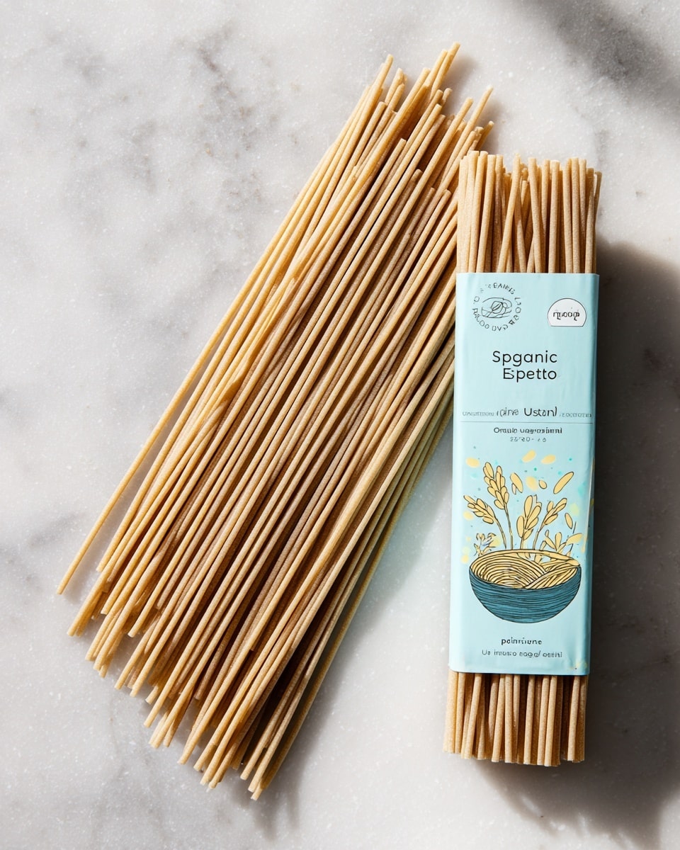 The image shows light brown spelt udon noodles spread out on a white marbled surface. The noodles are long, thin, and straight, lying flat and slightly overlapping each other. Behind the noodles, there is a rectangular package with a light blue label featuring illustrations of wheat and a bowl of noodles. The package also includes the text