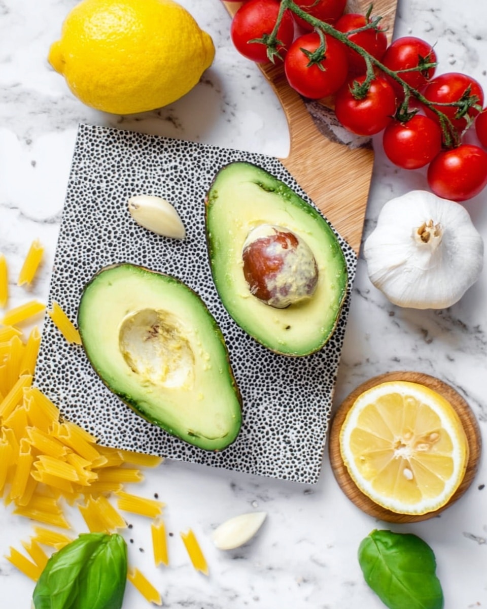 The image shows two halves of a fresh avocado placed on a white marbled surface with a textured black and white cutting board underneath one half. There is a bunch of small, bright red cherry tomatoes on the vine in the upper right corner. A whole garlic bulb and a whole yellow lemon are near the avocados, with one lemon cut in half resting on a small wooden board at the bottom right. Around the board, there are a few bright green basil leaves scattered. Some uncooked short yellow pasta pieces are spread near the garlic and avocado. A woman's hand is not visible in this photo. The scene is bright and colorful with a fresh, clean look. Photo taken with an iphone --ar 4:5 --v 7
