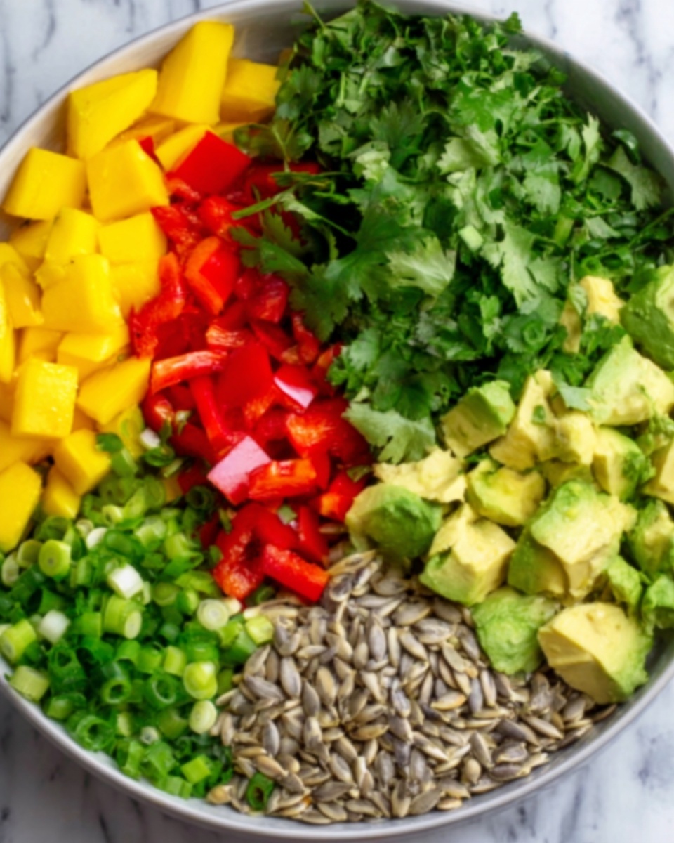A white bowl filled with six distinct layers of fresh ingredients arranged side by side. Starting from the left, the first layer is bright yellow mango chunks with a smooth texture. Next to it is a vibrant red layer of chopped red bell peppers with a slightly shiny look. In the middle, there is a large green leafy section of cilantro with a rough texture. To the right of the cilantro, there are pale green diced avocado pieces with a soft and creamy texture. Then, a section of thinly sliced green onions with a fresh bright green color. Finally, a pile of light brown sunflower seeds with a dry, rough texture fills the last section. The background surface is a white marbled texture. Photo taken with an iphone --ar 4:5 --v 7