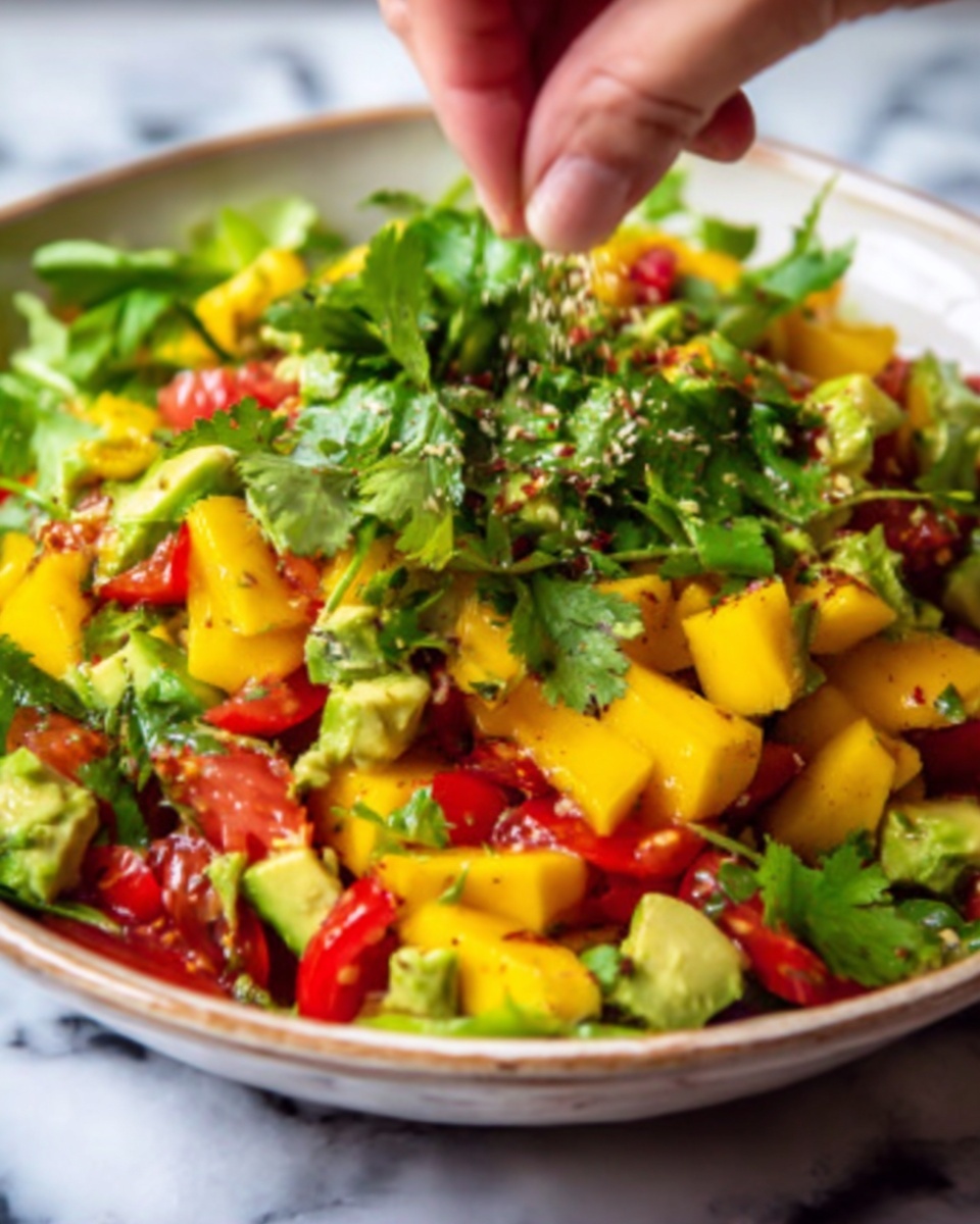 A colorful salad in a white bowl on a white marbled surface, with many layers of fresh vegetables. The base layer has chunks of yellow mango mixed with bright red tomato pieces. On top, there are fresh green avocado chunks and leafy green coriander scattered all over. A woman's hand is sprinkling something small and fine over the salad from above. The overall look is fresh and vibrant with a mix of soft and slightly rough textures. photo taken with an iphone --ar 4:5 --v 7