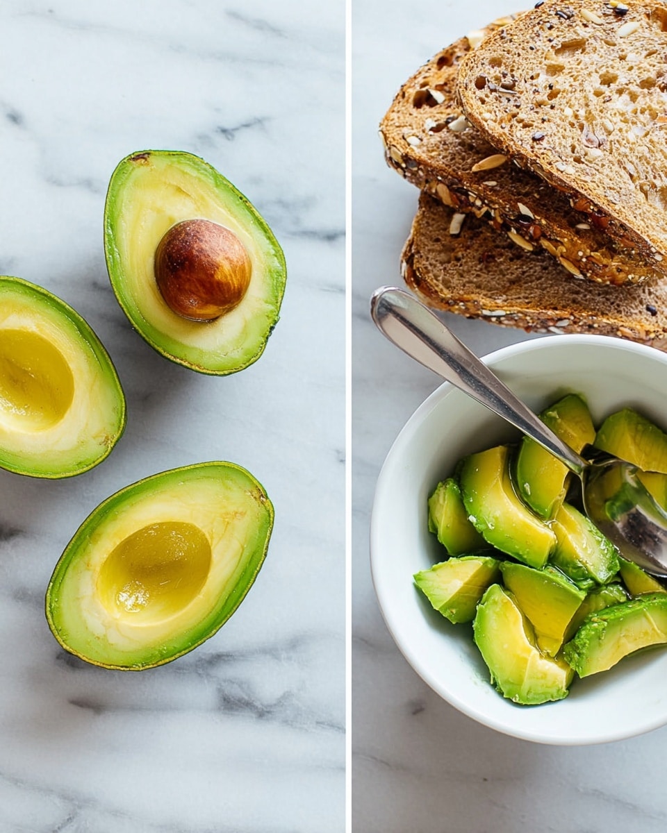 The image shows two parts side by side on a white marbled background. On the left side, there are three avocado halves, two with the brown seed inside and one without, showing the smooth yellow-green inside. On the right side, there is a white bowl with scooped avocado pieces in light green and yellow shades. A silver spoon rests inside the bowl. On the top right corner, there are four slices of multigrain bread with seeds. The bright natural light highlights the fresh textures and colors of the avocado and bread. Photo taken with an iphone --ar 4:5 --v 7