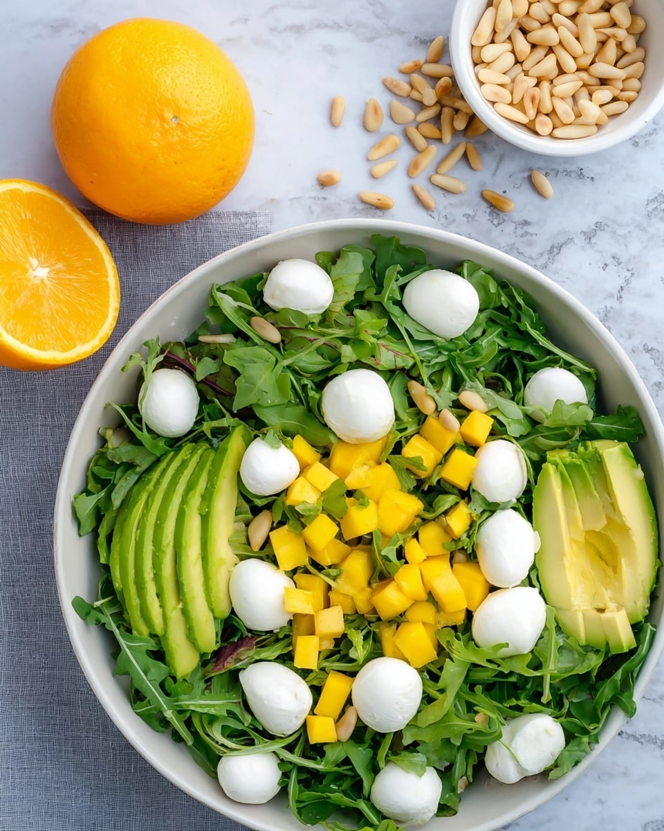 A fresh salad is shown in a white bowl, with three main layers visible. The bottom layer is made of dark green leafy arugula spreads all over. The middle layer includes small yellow mango cubes and light green avocado slices placed unevenly on top. The top layer has small, round, white mozzarella balls scattered throughout the salad. Nearby, the left side shows a half orange with a bright juicy texture and above the bowl, a small white bowl holds light tan pine nuts, with some spilled out, all set on a white marbled surface. photo taken with an iphone --ar 4:5 --v 7