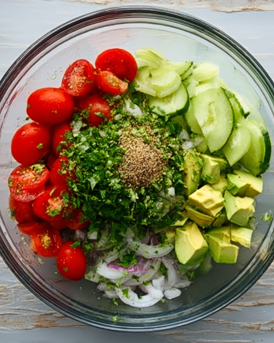 A clear glass bowl sits on a white marbled surface filled with a colorful salad. At the bottom left, there are bright red cherry tomato halves arranged in a small cluster. To the right, chunks of green avocado with a smooth texture are placed in a neat group. Thin white onion slices are spread in the middle layer, with finely chopped dark green cilantro covering the center top area. A small pile of light brown seeds or seasoning is in the middle of the cilantro. On the top right side, thick slices of crisp light green cucumber round out the bowl. photo taken with an iphone --ar 4:5 --v 7