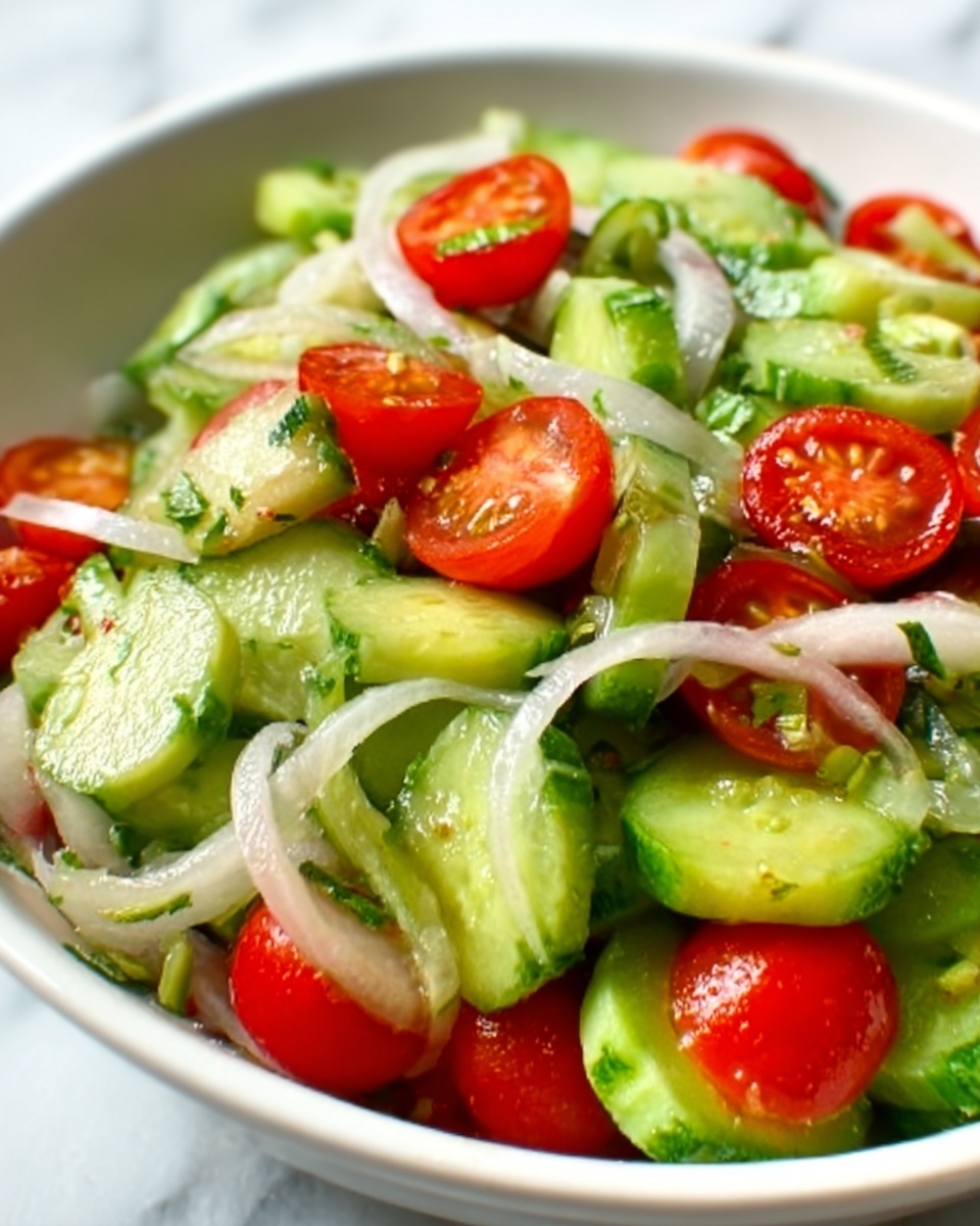 A white bowl filled with a fresh salad consisting of three main layers: the bottom layer is thinly sliced cucumber pieces with light green skin and pale green inside; the middle layer includes halved cherry tomatoes with bright red skin and juicy center; and the top layer displays thin, slightly curved white onion slices scattered across the salad. The ingredients look fresh and slightly shiny with a light dressing, all set on a white marbled surface. photo taken with an iphone --ar 4:5 --v 7