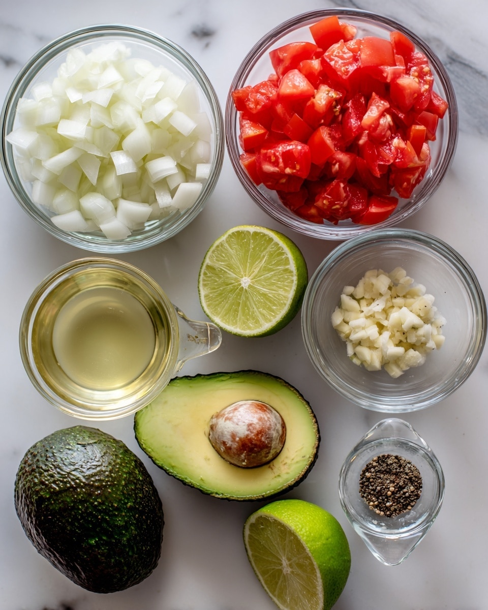 The image shows several small clear glass bowls and fresh ingredients arranged on a white marbled surface. There is a clear glass bowl filled with chopped white onions, next to a clear glass bowl with bright red chopped tomatoes. A whole dark green avocado sits beside one avocado cut in half showing its green inside and a large brown seed. Two lime halves with bright green skin and juicy inside are placed near a small clear bowl of minced garlic and another small clear bowl holding coarse black pepper. A small measuring cup with pale yellow liquid is also visible. Photo taken with an iphone --ar 4:5 --v 7
