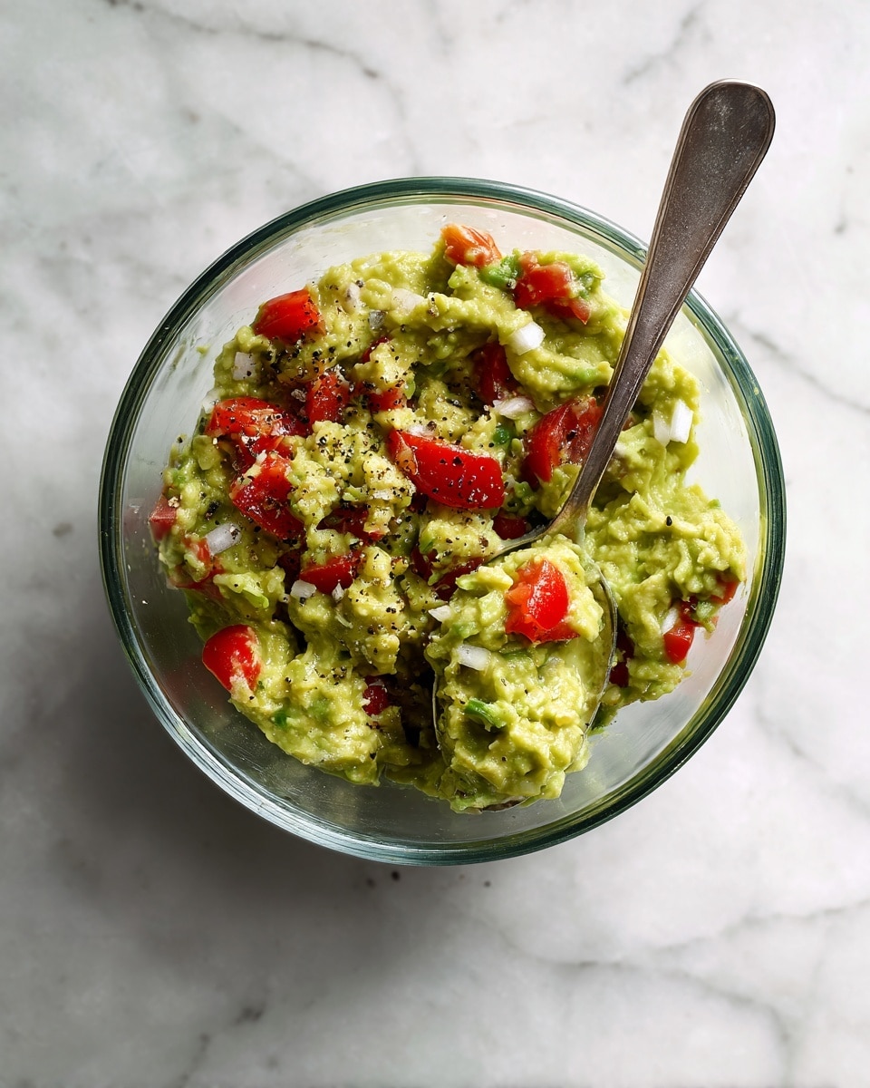 A clear glass bowl filled with chunky green guacamole mixed with pieces of red tomatoes and small white onions, sprinkled lightly with black pepper on top. A silver spoon rests inside the bowl with some guacamole on it. The bowl is placed on a white marbled surface. photo taken with an iphone --ar 4:5 --v 7