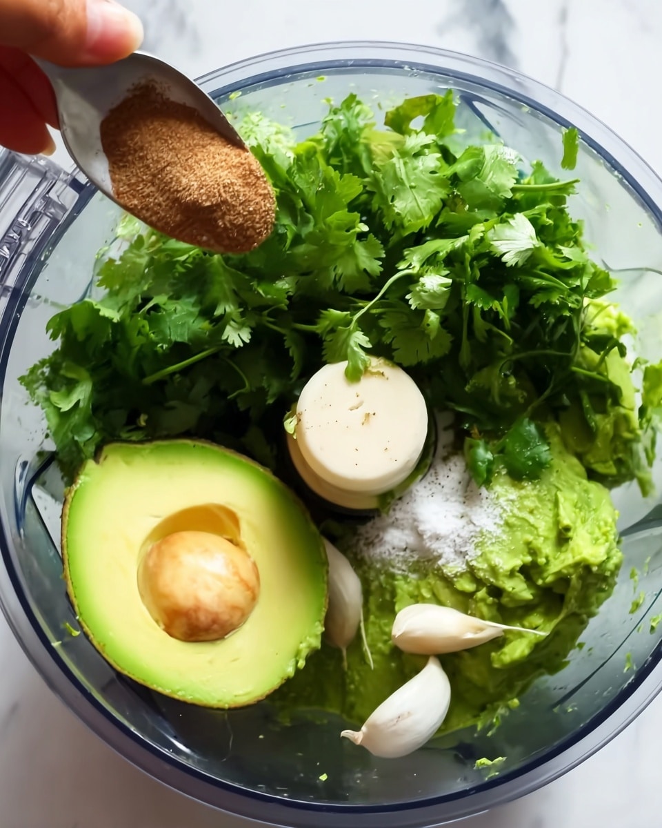 The image shows a clear food processor bowl filled with fresh ingredients for making guacamole. Inside, there is one half of a bright green avocado with its seed removed, a bunch of vibrant green cilantro leaves spread unevenly around, a few white garlic cloves near the bottom, and a small pile of white salt and ground pepper on top of the cilantro. A spoon with light brown powder is held by a woman's hand above the bowl, ready to add the spice. The background is a white marbled texture. photo taken with an iphone --ar 4:5 --v 7