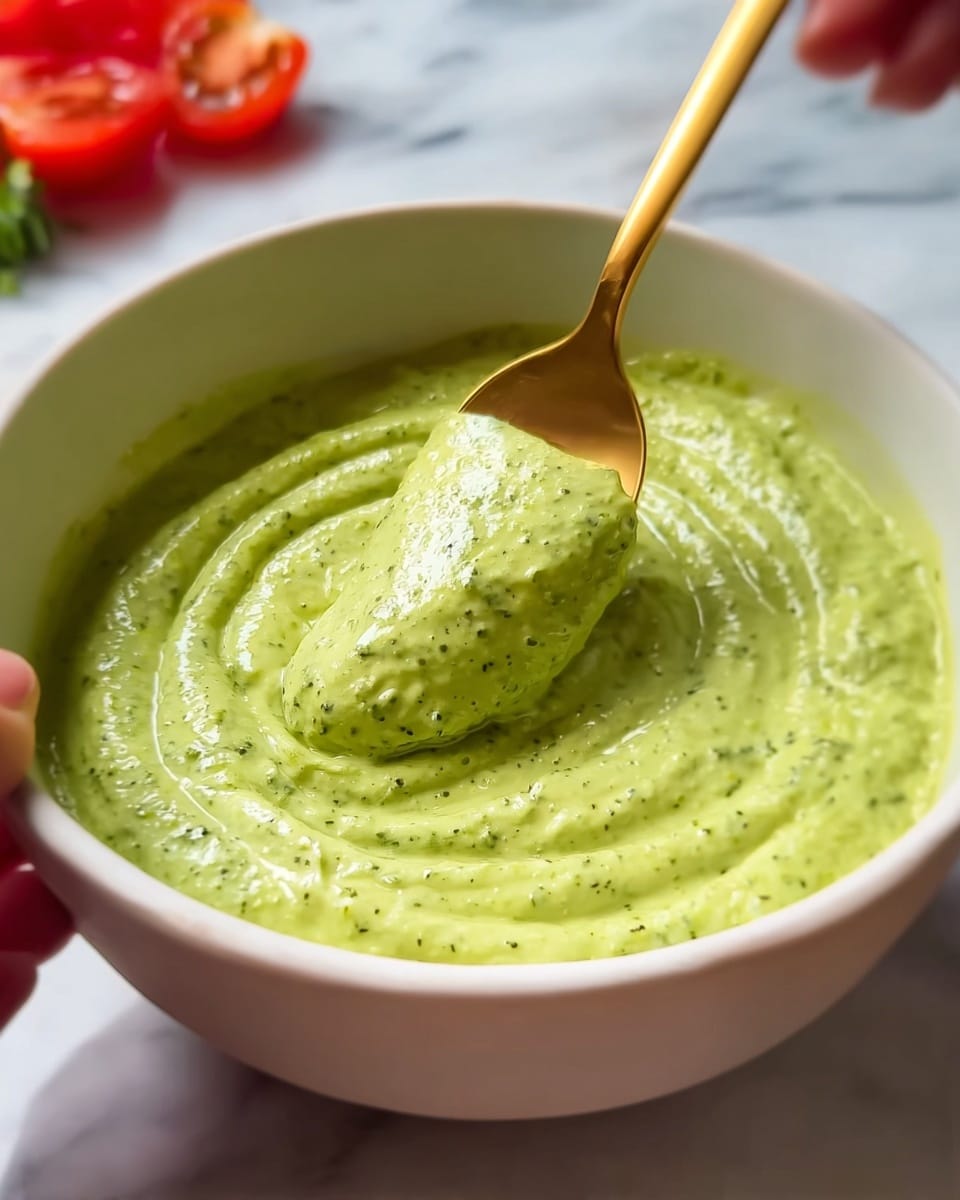 A close-up view of a white bowl filled with creamy green sauce that has small dark green specks inside. A golden spoon is gently swirling the sauce in the middle, creating soft ridges in the thick texture. The bowl is held by a woman's hand on the left side, and in the background, there are out-of-focus red tomato halves on a white marbled surface. The lighting shows the sauce's smooth, slightly chunky texture and vibrant green color. photo taken with an iphone --ar 4:5 --v 7
