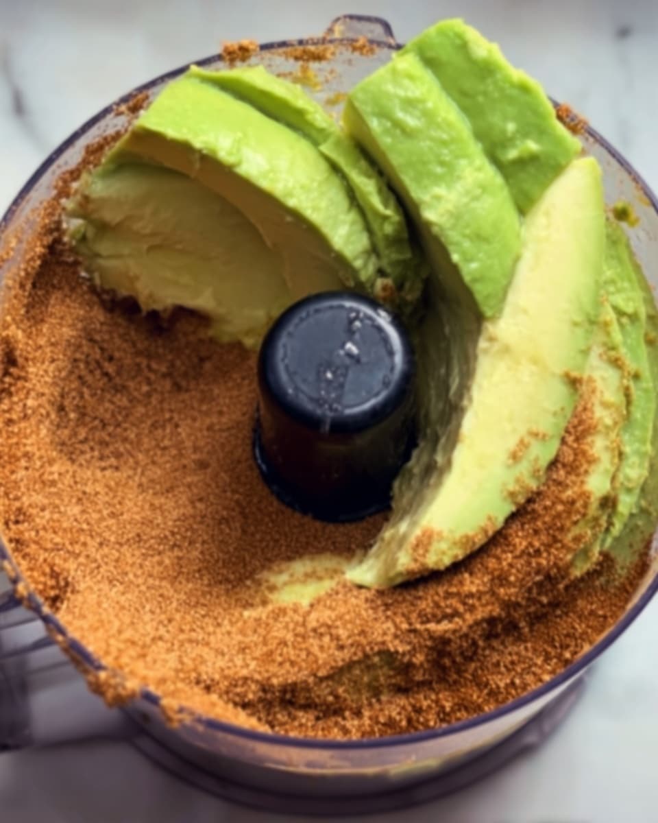 The image shows the inside of a food processor with three main layers around the black central blade piece. On the left side, there are large green avocado pieces with a soft and creamy texture. Next to the avocado, covering the rest of the right side, is a thick layer of fine, light brown powdery substance that looks like cinnamon or ground spice. The surface beneath the food processor is a white marbled texture. photo taken with an iphone --ar 4:5 --v 7