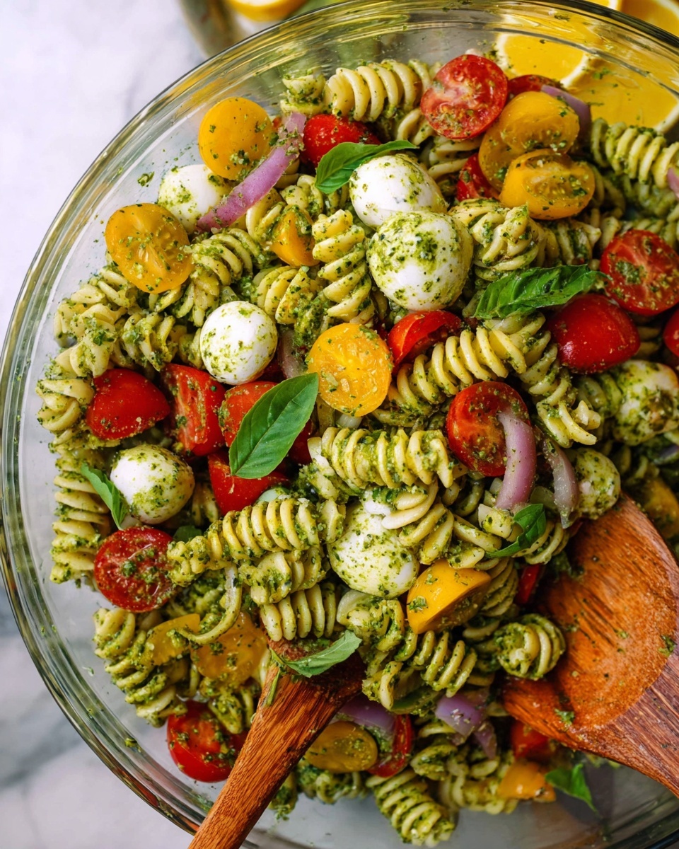 The image shows a close-up of a clear glass bowl filled with a vibrant pasta salad. The pasta is spiral-shaped and coated in a green pesto sauce. Mixed in are halved red and yellow cherry tomatoes, small white balls of mozzarella cheese, thin slices of red onion, and bright green basil leaves. Two wooden spoons with a woman’s hand partially visible are stirring the colorful salad. The background features a white marbled surface with a blurred lemon wedge in the top area of the image photo taken with an iphone --ar 4:5 --v 7