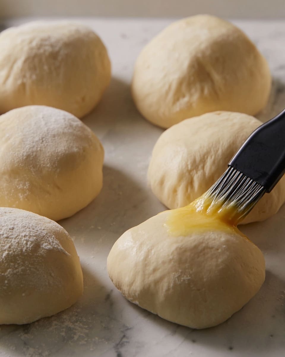 The image shows six dough pieces resting on a white marbled surface, arranged in two rows with three pieces each. The dough is pale beige with a soft, slightly powdery texture. In the front right, a black brush is spreading a smooth, shiny layer of yellow egg wash over one dough piece, adding a glossy finish. The rest of the dough pieces remain uncoated, with a matte look. The scene is warmly lit, highlighting the gentle curves and folds of the dough. Photo taken with an iphone --ar 4:5 --v 7