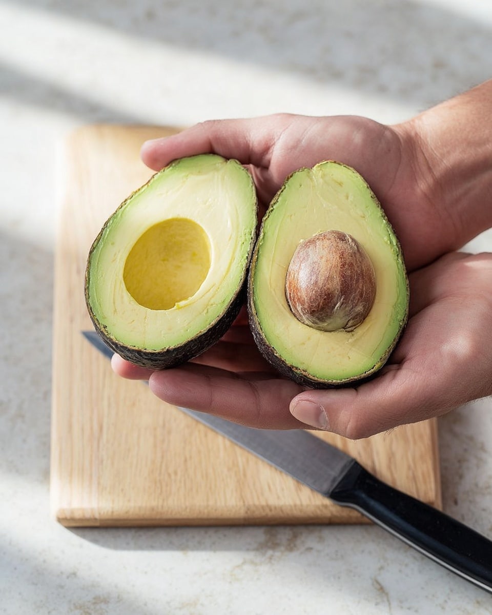 A close-up image shows a person holding two avocado halves over a light wooden cutting board. One avocado half contains a large brown seed in the center, while the other half is empty. The avocado flesh is light green and smooth, with textured dark green skin surrounding it. A small knife with a black handle rests on the cutting board below the avocado halves. The background is a white marbled surface with soft light creating a calm atmosphere. photo taken with an iphone --ar 4:5 --v 7
