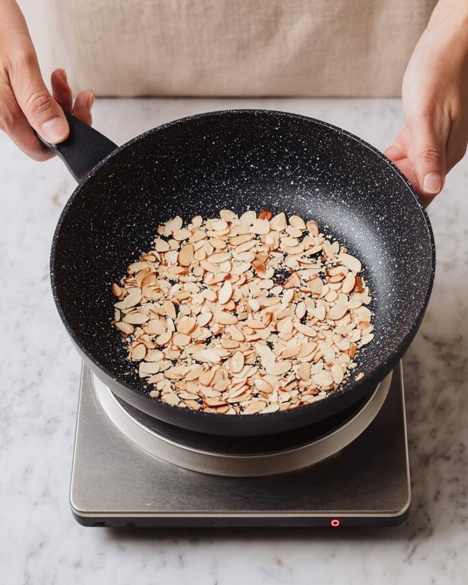 A black frying pan with a speckled interior surface is held by a pair of woman's hands gripping the black handle. Inside the pan, there are thin, light brown almond slices being toasted, some with a slightly darker tan color, spread out evenly in a single layer. The pan sits on a silver electric stovetop with a round heating element turned on, resting on a white marbled surface. The background is neutral and softly blurred, focusing attention on the pan and almond slices photo taken with an iphone --ar 4:5 --v 7