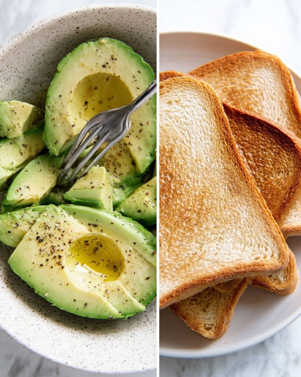 The image shows two parts: on the left, a white speckled bowl with half an avocado sliced inside, with a silver fork pressing into the avocado, sprinkled with black pepper and drizzled lightly with olive oil, creating a smooth green texture with some soft avocado pieces around; on the right, a stack of four white toast slices, toasted to a light golden brown with some darker spots, showing a crisp texture on a white marbled surface. photo taken with an iphone --ar 4:5 --v 7