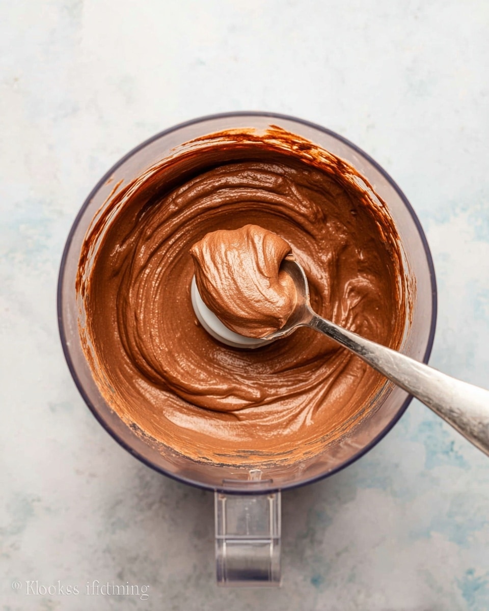 A clear food processor bowl filled with smooth, thick chocolate mousse with a rich brown color, swirled evenly inside. A metal spoon inside the bowl holds a dollop of the mousse, showing its creamy and soft texture. The bowl sits on a white marbled surface with light and soft patterns visible around it. Photo taken with an iphone --ar 4:5 --v 7