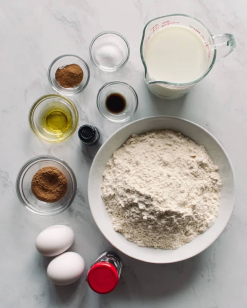 A white bowl filled with beige flour sits on a white marbled surface, surrounded by smaller clear glass containers holding light yellow oil, brown cinnamon, white granulated sugar, and vanilla extract in a small dark bottle. Two white eggs and a small bottle of red food coloring are placed near the bottom of the image. A glass measuring cup filled with white milk is positioned in the upper part of the frame. The setup is neat and the colors are soft and natural, emphasizing the ingredients' textures and tones. Photo taken with an iphone --ar 4:5 --v 7