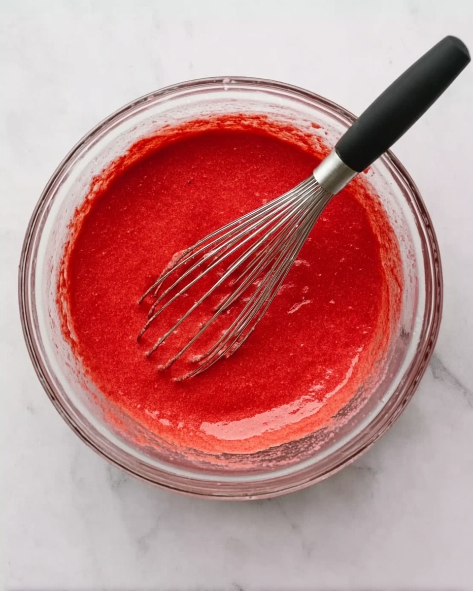 A clear glass bowl filled with smooth, bright red batter that has a creamy texture. A metal whisk with a black handle is resting inside the bowl, partially covered with the red batter. The bowl is placed on a white marbled surface. photo taken with an iphone --ar 4:5 --v 7