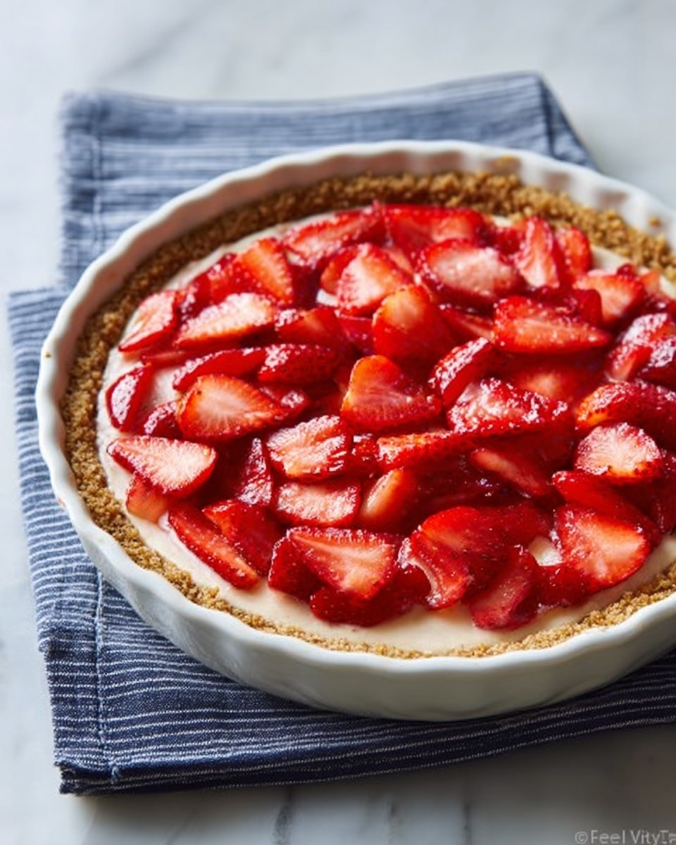 A white ceramic pie dish contains a tart with three visible layers: the bottom is a crumbly golden brown crust, the middle layer is a pale filling mostly hidden by the top, which is covered with bright red, fresh, thinly sliced strawberries arranged evenly. The dish sits on a dark blue cloth with white stripes, all on a white marbled surface. photo taken with an iphone --ar 4:5 --v 7
