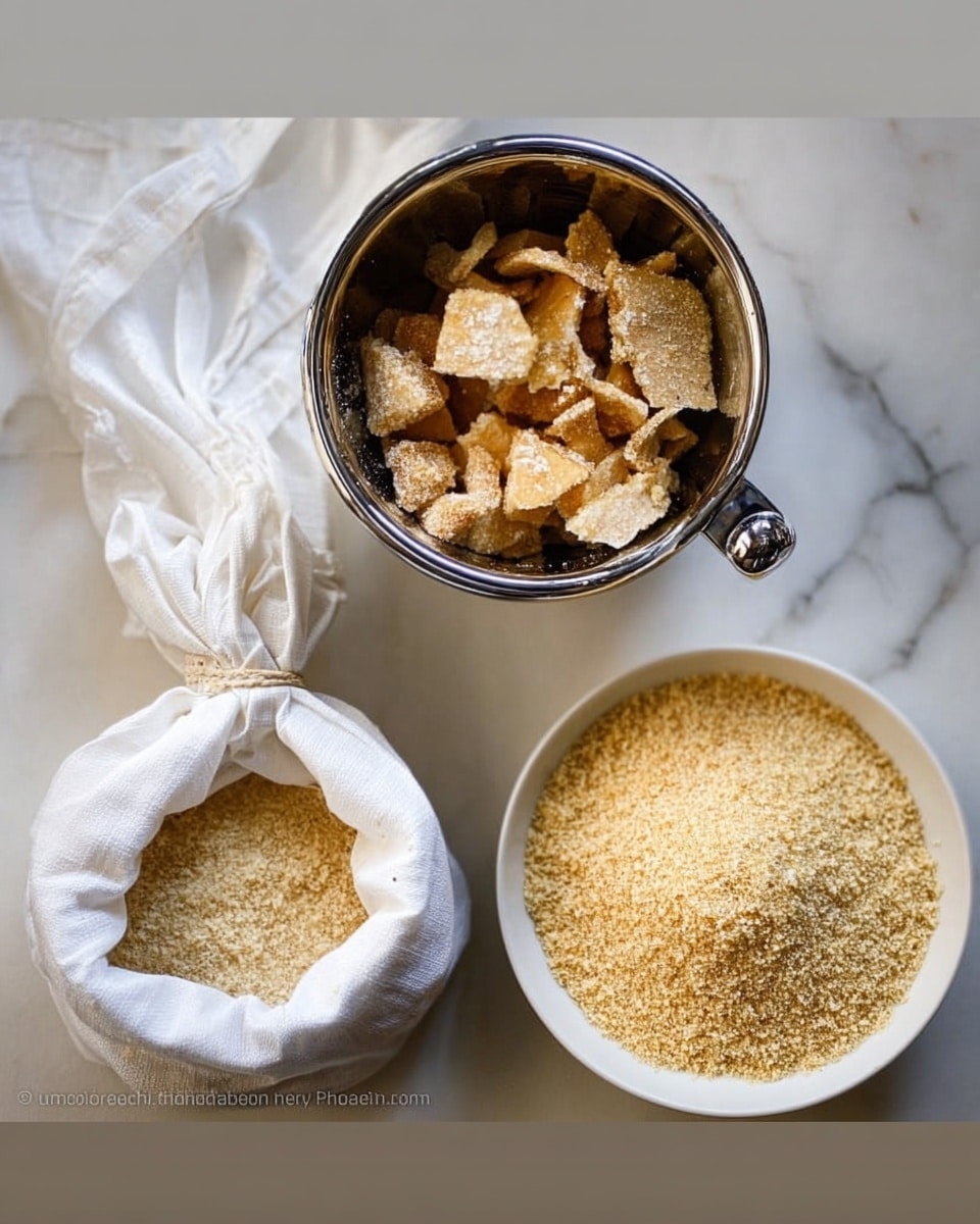 The image shows three stages of making homemade breadcrumbs. On the left, a white cloth bag full of bread is tied and hanging on a kitchen faucet. In the middle, a metal bowl contains broken, crinkle-cut pieces of bread. On the right, a white bowl is filled with finely ground breadcrumbs, light golden in color. The whole scene is set against a white marbled surface. photo taken with an iphone --ar 4:5 --v 7