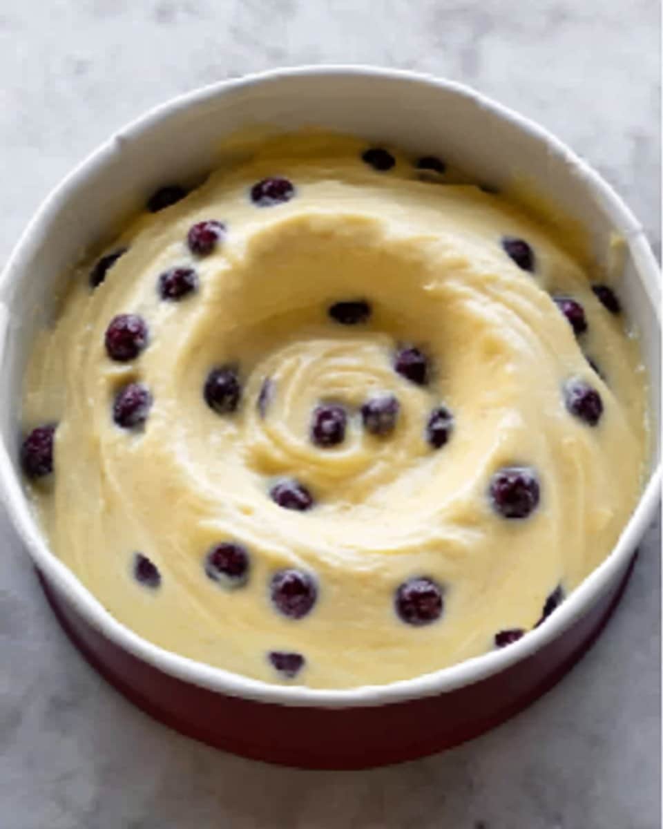 The image shows a close-up of a white bundt pan filled with smooth, light yellow batter. Small dark purple berries are spread evenly inside the batter, some partly covered while others are visible on the top layer. The batter is thick and creamy, slightly swirled on the surface, filling the pan nearly to the top. The pan rests on a white marbled surface. photo taken with an iphone --ar 4:5 --v 7