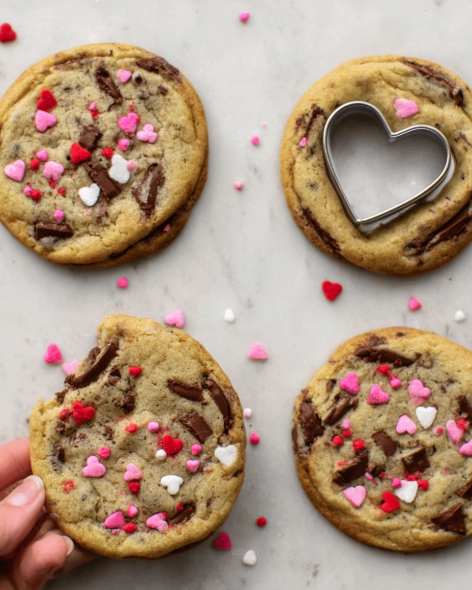 The image shows four round cookies on a white marbled surface. Each cookie is light golden brown with melted chocolate chunks scattered on top. Small red, pink, and white heart-shaped sprinkles are also spread across the cookies. One cookie on the top right has a silver heart-shaped cookie cutter on top of it. A woman's hand is holding a piece of a cookie near the bottom left corner. The cookies have a slightly rough texture with a mix of smooth and melted chocolate spots. photo taken with an iphone --ar 4:5 --v 7