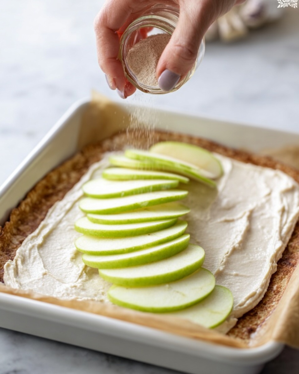 The image shows a tortilla with a layer of creamy spread on top, laid flat inside a white baking tray. On the spread, there are thin slices of green apple neatly arranged in a row, slightly overlapping each other. A woman's hand is sprinkling a fine powdery substance, possibly sugar, over the apple slices. The background surface is white marble with soft natural lighting. Photo taken with an iphone --ar 4:5 --v 7