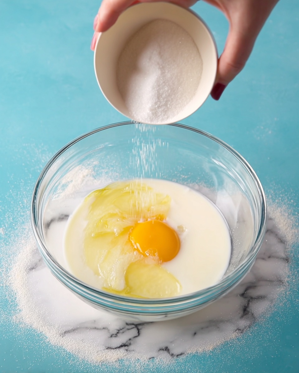 A clear glass bowl filled with a white liquid base, likely milk or cream, with a single raw egg cracked open on top showing a bright yellow yolk surrounded by translucent egg white. A woman's hand is pouring sugar from a small round white bowl above the glass bowl. The background is a blue surface, but the whole scene is on a white marbled texture. Another woman's hand is visible at the side, near the bowl. photo taken with an iphone --ar 4:5 --v 7