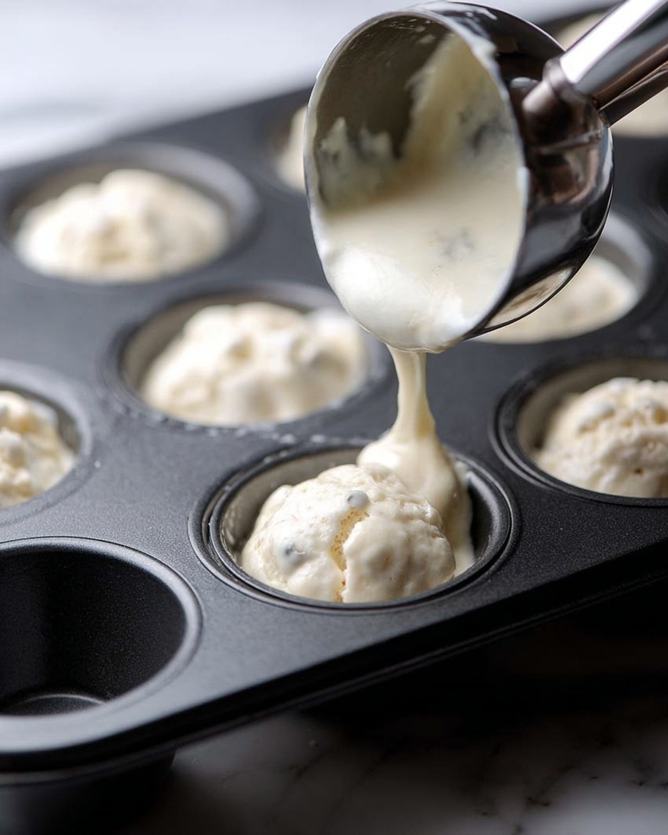 A close-up view of black muffin pan filled with thick, light cream batter with chunks. A metal ice cream scoop is pouring the batter into one of the pan's cups, showing round dollops being shaped perfectly. The pan is set on a white marbled surface, and the texture of the batter looks soft and creamy with small pieces mixed inside. The background has other filled and empty cups of the muffin pan slightly blurred. photo taken with an iphone --ar 4:5 --v 7