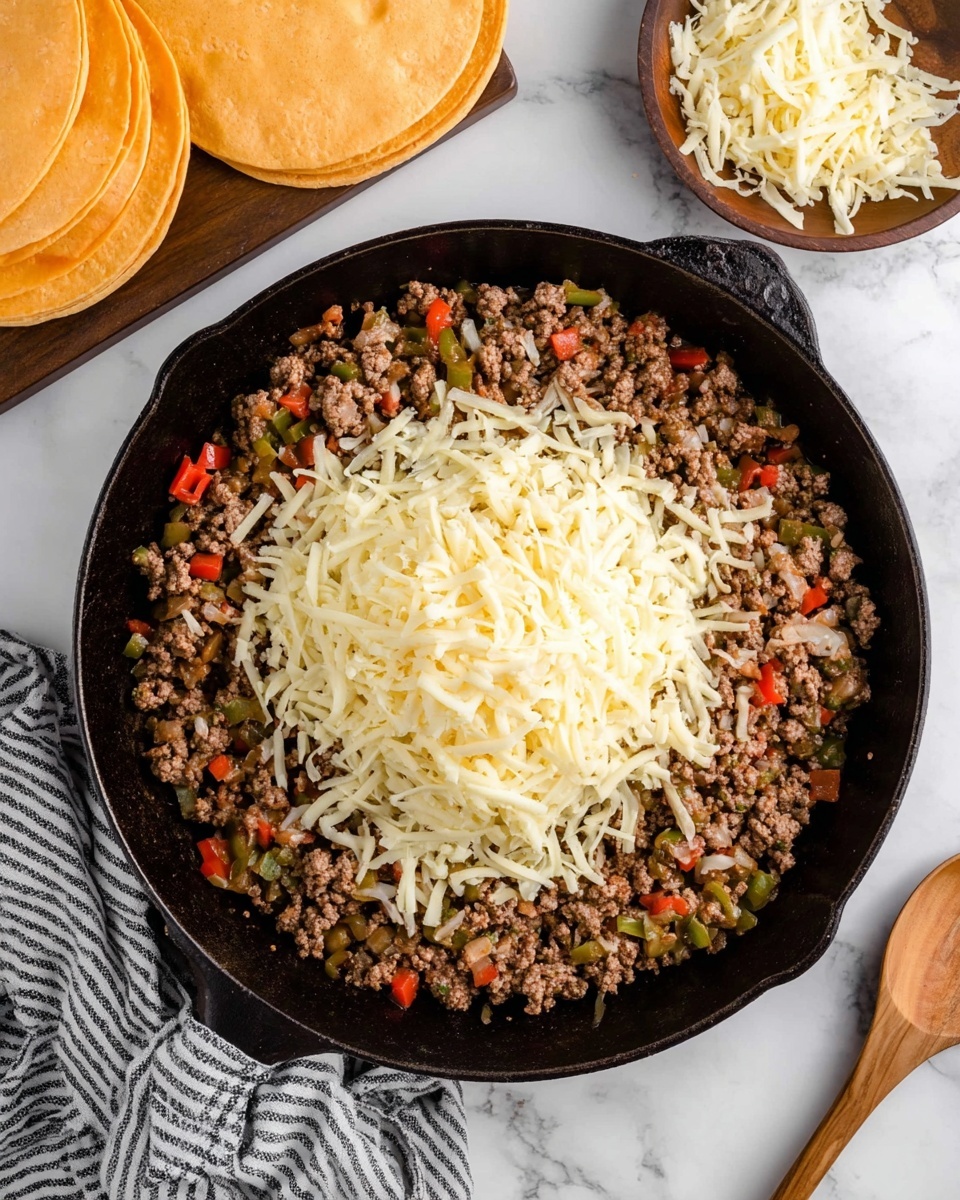 A black cast iron skillet sits on a white marbled surface, filled with cooked ground beef mixed with small pieces of red and green bell peppers and onions. A large pile of shredded pale yellow cheese covers the center of the beef mixture, creating a noticeable middle layer of soft texture over the crumbly meat. Above and to the side of the skillet, there are some three plain round orange tortillas stacked on a wooden board and more shredded cheese on a wooden spoon. A black and white striped cloth is under the skillet handle, adding a soft fabric layer to the scene. The whole image is bright with clear details of every element. photo taken with an iphone --ar 4:5 --v 7
