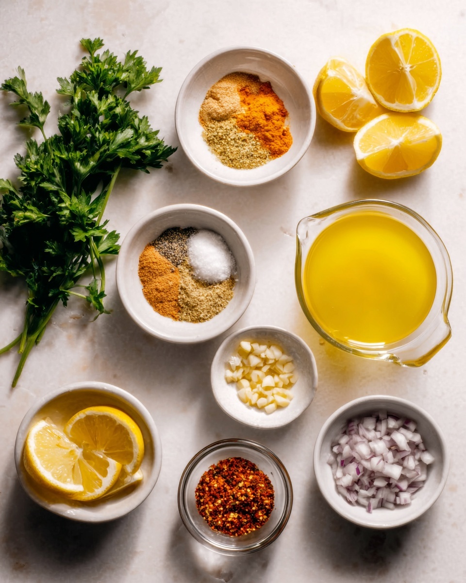 The image shows a white marbled surface with eight small white bowls and a few lemon slices arranged neatly. One bowl contains layers of orange, brown, and beige spices with different textures, another bowl holds a light brown powder, and one has finely chopped light purple onions. There is a bright yellow liquid in a small clear glass jug and a similar yellowish liquid in a small bowl. One bowl has finely chopped garlic, another has crushed red pepper flakes, and the lemon slices are stacked in a white bowl. Fresh green parsley is placed on the left side, adding a pop of color. photo taken with an iphone --ar 4:5 --v 7