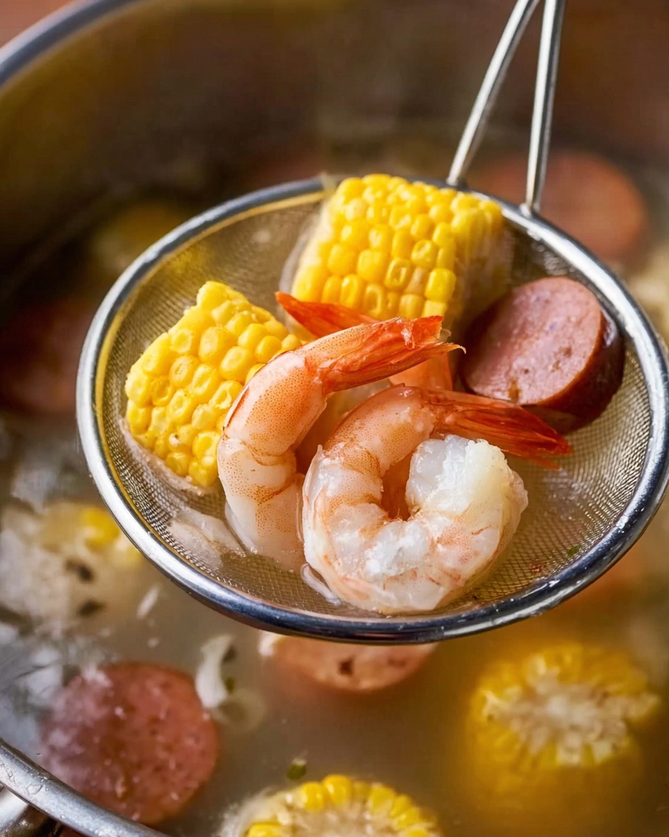 A metal strainer spoon holds pieces of cooked food over a steaming pot with clear broth. Inside the strainer, there are four pink and white cooked shrimp with tails attached, two bright yellow and white corn cob sections, and two small round pieces of reddish brown sausage. The soup broth below is light and clear, with a white marbled surface seen around the pot edges. Photo taken with an iphone --ar 4:5 --v 7