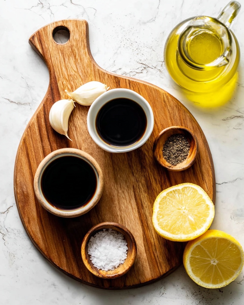 A wooden cutting board on a white marbled surface holds three cloves of garlic, a small white bowl filled with dark soy sauce, a small wooden bowl with black pepper, and another small wooden bowl with salt. To the right of the board, there is a glass jug filled with golden olive oil and two halves of a yellow lemon placed on the white marbled surface. Photo taken with an iphone --ar 4:5 --v 7