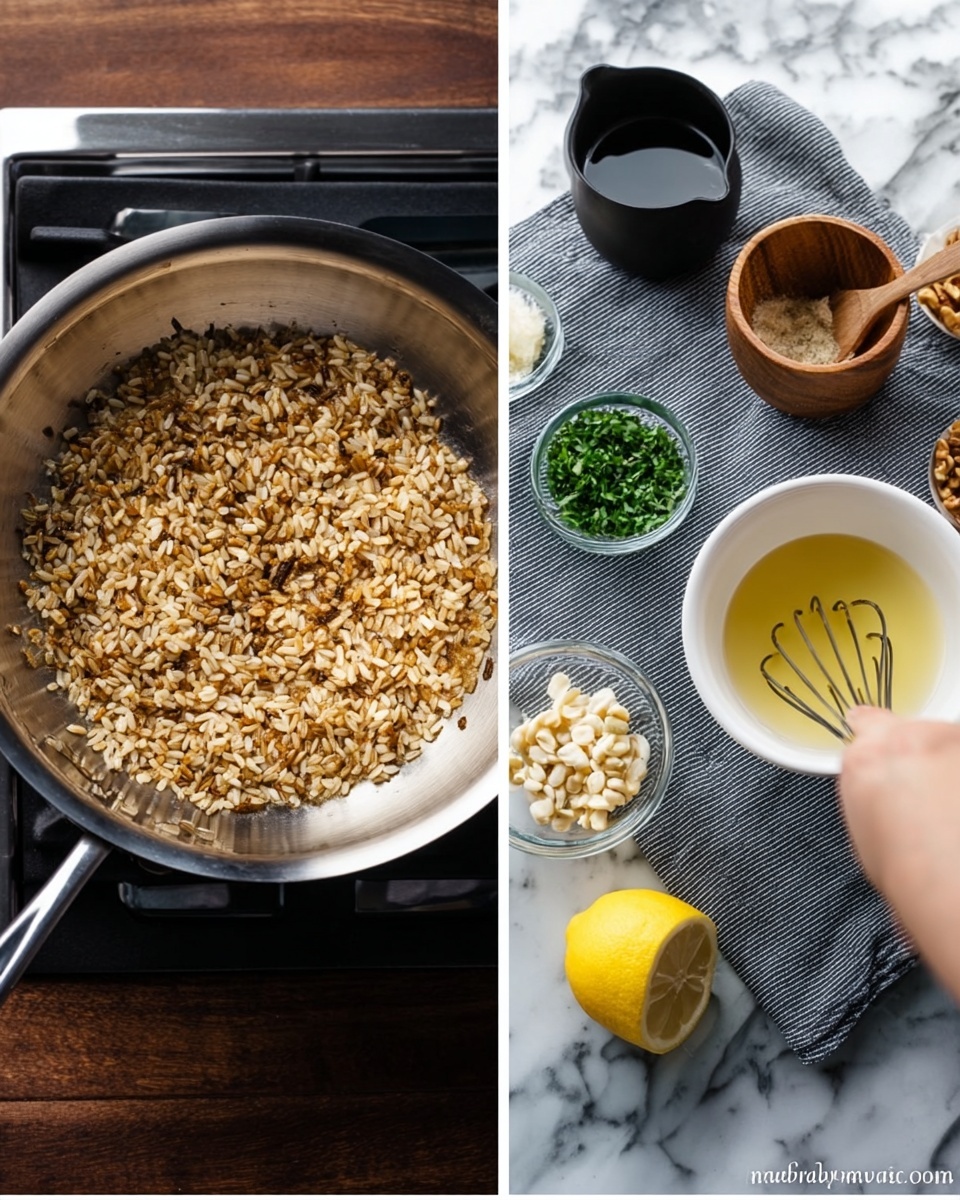 The image shows two scenes side by side. On the left, there is a close-up of toasted brown rice in a shiny silver pan on a stove burner, with grains evenly spread and some slightly darker toasted spots. On the right, a woman’s hand is whisking a yellow liquid in a white bowl placed on a gray striped cloth over a dark wooden table. Around the bowl, there are small clear bowls filled with green chopped herbs, light brown nuts, and crumbled white cheese, along with a black measuring cup holding a lemon half and a wooden container with a wooden lid. The background surface is a white marbled texture in both scenes, though implied more clearly on the right, photo taken with an iphone --ar 4:5 --v 7