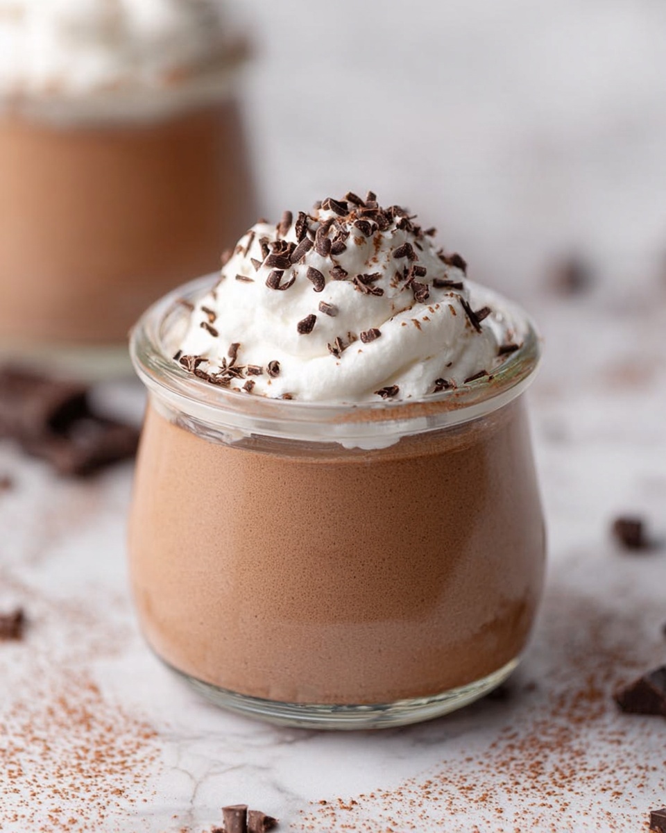 A small clear glass jar filled with a smooth light brown chocolate mousse. On top, there is a thick layer of white whipped cream with small dark chocolate shavings sprinkled over it. The jar sits on a white marbled surface with scattered chocolate pieces around it. In the blurred background, there is a similar jar partially visible. photo taken with an iphone --ar 4:5 --v 7