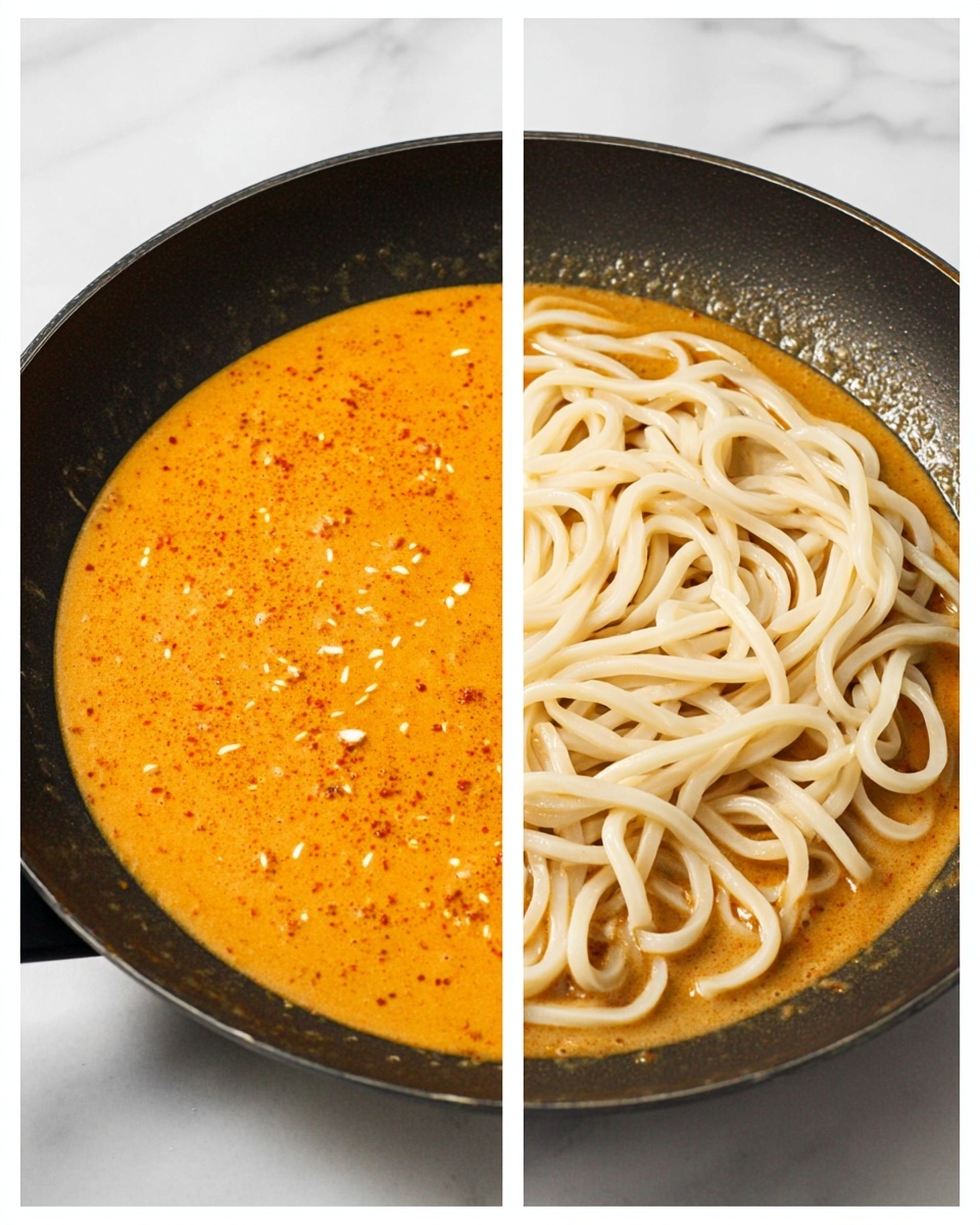 The image shows two side-by-side views of a black pan on a white marbled surface. The left view displays a single layer of orange sauce with small pieces of onion or spices cooked evenly across the pan’s surface. In the right view, a layer of thick, pale white udon noodles is placed on the right half of the same pan, partially covering the orange sauce underneath. The noodles have a smooth and slightly shiny texture, contrasting with the creamy and speckled sauce beside them. Photo taken with an iphone --ar 4:5 --v 7