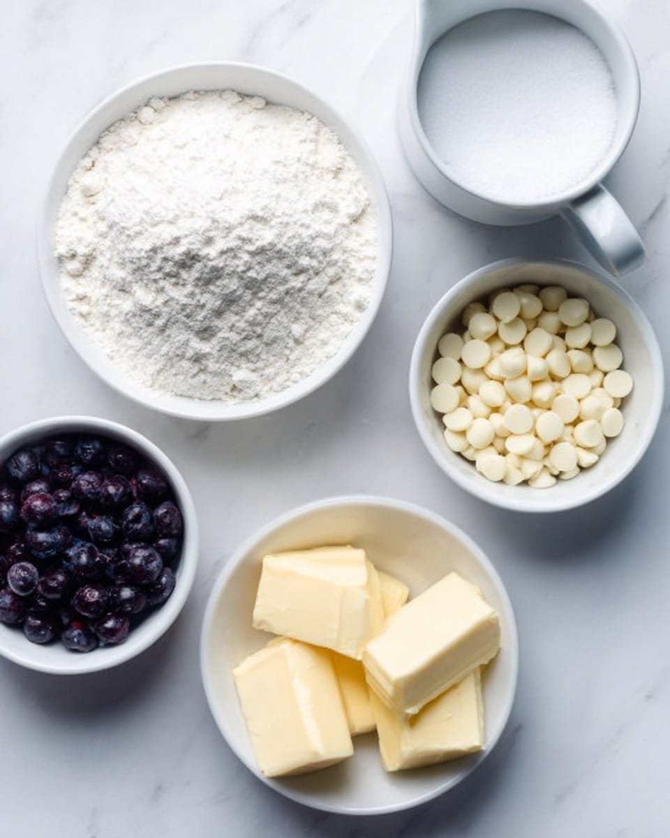 The image shows five white bowls placed on a white marbled surface, each containing different baking ingredients arranged neatly. The largest bowl at the center holds a heap of white flour with a soft, powdery texture. To its top right, a white mug is filled with fine white sugar that looks smooth and granulated. Below the mug, a small white bowl contains smooth, round, pale yellow white chocolate chips. At the bottom right, another white bowl holds several chunks of pale yellow butter cut into thick rectangular pieces with clear edges. At the bottom left, a small white bowl is packed with deep purple blueberries that have a shiny, smooth surface. Photo taken with an iphone --ar 4:5 --v 7