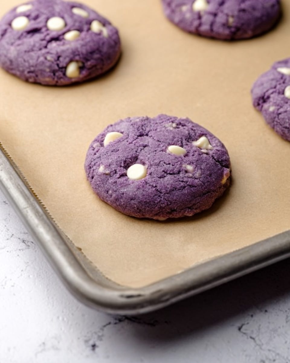 The image shows three purple cookies with white chocolate chips on top, placed on a sheet of brown parchment paper on a metal baking tray. The cookies each have a rough, cracked texture with a round shape and a soft appearance. The background surface under the tray has a white marbled texture. The cookies are spaced apart with one more in the foreground and two slightly blurred in the back, creating depth. Photo taken with an iphone --ar 4:5 --v 7
